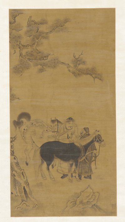 松の木の下で 2 人の男性と 2 頭の馬、清王朝、18 世紀。 作： Unbekannt