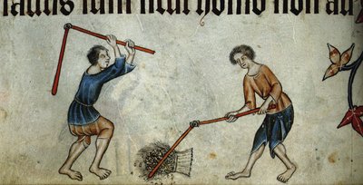 Luttrell Psalter、約1330年からの束を脱穀する2人の男性 作： Unbekannt