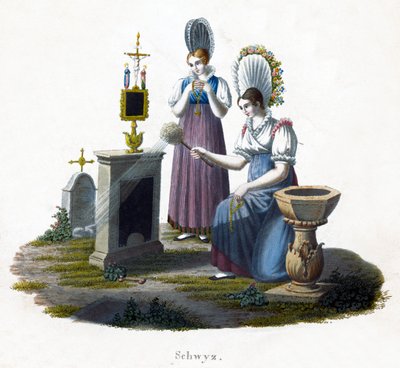 墓地の墓石の前に立っている2人の女性、c1800 作： Unbekannt