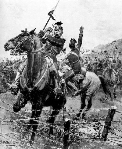 1914年の第一次世界大戦、ベルギーのリエージュの近くで有刺鉄線によってチェックされたウーラン 作： Unbekannt