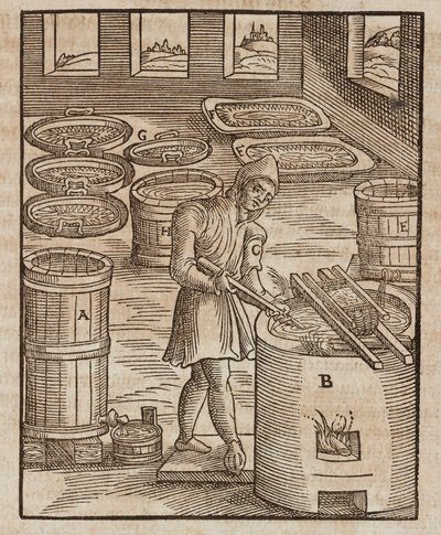 火薬や肉の保存に使われるサルペトルをテストする男性 - Lazarus Eckerの「Description des minerais et des principales methodes d
