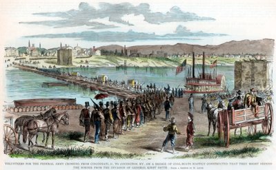 南北戦争、オハイオ州シンシナティのオハイオ川を渡る北軍ボランティア、c1862 作： Unbekannt