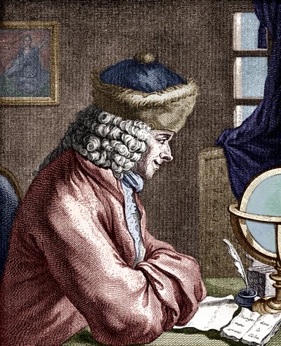 VOLTAIRE, Francois-Marie Arouet - 働いているヴォルテールの肖像。フランスの作家、哲学者、劇作家、詩人、1694-1778年。18世紀のエングレーヴィング。クイルペン 作： Unbekannt
