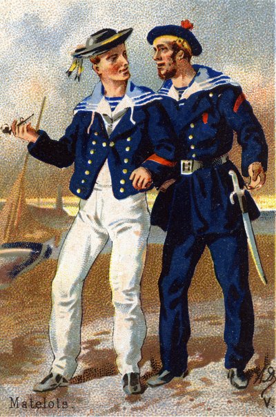 V: Seamen.ミリタリー・アルファベット」のエングレーヴィング。絵師のイニシャル。A. D. 出版社は不明。19世紀末のクロモリトグラフ。寸法：10,5x7cm . 作： Unbekannt