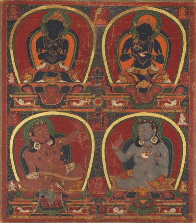 Vajradhara、Nairatmya、およびMahasiddhas VirupaおよびKanha、c。 1450。 作： Unbekannt