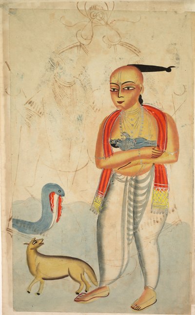 Vasudeva Krishnasクリシュナと一緒に逃げる父、コブラとジャッカルとの出会い、1800年代。 作： Unbekannt