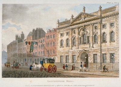 1811年、シティ・オブ・ロンドン、フェンチャーチ・ストリートの鉄工所ホールと人々、馬車の眺め 作： Unbekannt