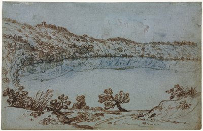 ネミ湖の景色ローマ時代の遺跡の小さなグループc 1650。 作： Unbekannt