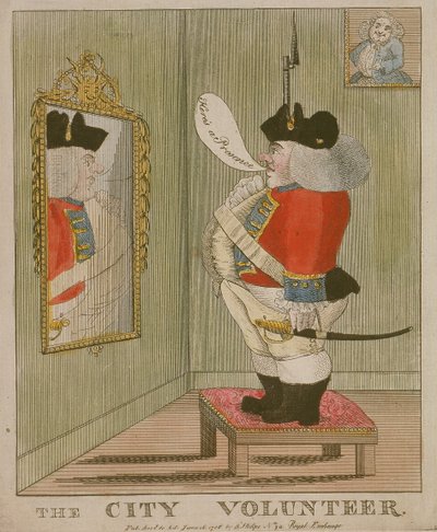 1785年、鏡で自分自身を賞賛している格好良い市のボランティアの眺め 作： Unbekannt