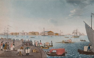 1800年代初頭のサンクトペテルブルクのネヴァ川と証券取引所の眺め 作： Unbekannt