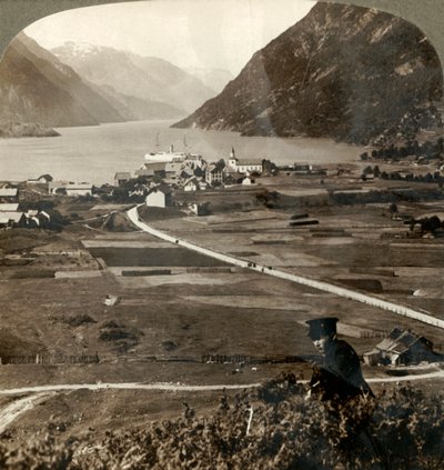 1905年、ノルウェーの狭い山壁に囲まれたソルフィヨルドの北、オッデの村の屋根と日当たりの良い畑。 作： Unbekannt