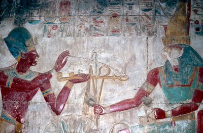 ホルスの前のセトス 1 世の壁画の詳細、セトス 1 世の神殿、アビドス、エジプト、紀元前 1280 年 作： Unbekannt