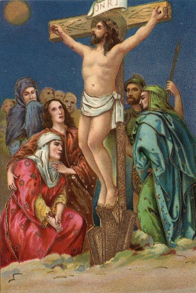 十字架の道 - via crucis - 十字架の駅：磔刑、12番目の駅、イエスは十字架上で死ぬ Chromolithography 個人のコレクション 作： Unbekannt