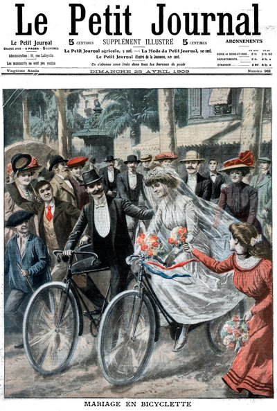 1909年フランス、ニースの新郎新婦が率いる自転車での結婚式パーティー 作： Unbekannt