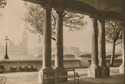 セントトーマス病院のテラスにあるウェストミンスターブリッジとビッグベン、c1935。 作： Unbekannt