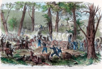 テネシー州ジャスパー近くの補給列車を捕らえているウィーラー南軍騎兵隊、c1863 作： Unbekannt