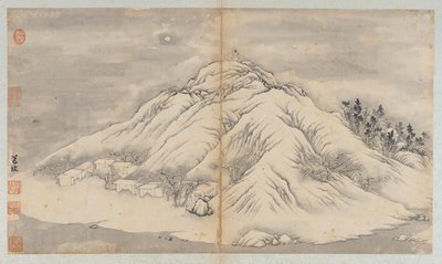 冬の風景: 月明かりに照らされた丘と建物、清王朝、18 世紀。 作： Unbekannt
