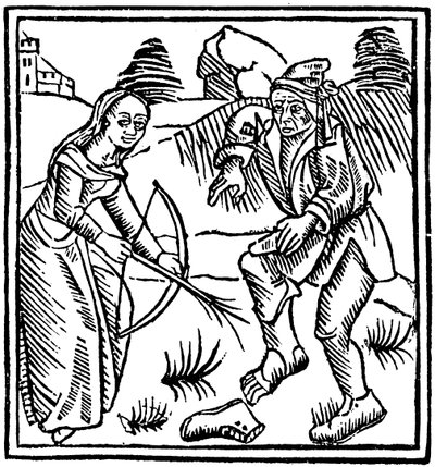 魔女がヘーゼルワンドで作った魔法の矢で足を撃った1489 作： Unbekannt