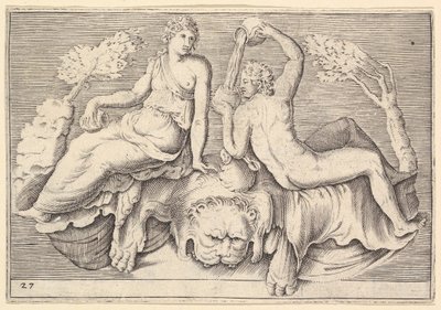 ライオンスキンに腰掛けた女と男、マン注ぐワイン、ca。 1599-1622。 作： Unbekannt