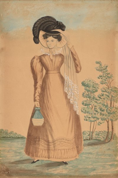 羽毛のある帽子をかぶった女性、c。 1825年。 作： Unbekannt