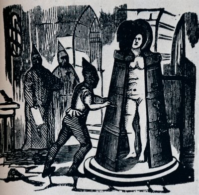 拷問室の設定でガイダースアイアンメイデンを示す木版画、c1870 作： Unbekannt