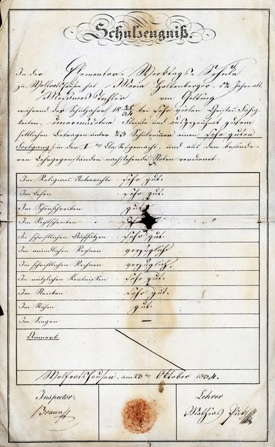 生徒（モニカ・ハルテンベルガー、聖職者の娘）の日曜日の小学校の学年末報告書、1840年9月24日付、ドイツ、ヨーロッパのオート・バビエのゲレツリートのアカデミア 作： Unbekannt