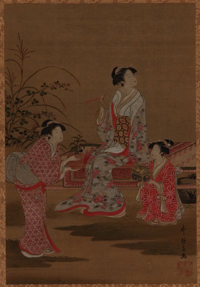 庭に座っている若い女性と 2 人の少女付き添い、江戸時代、1615 ～ 1868 年。 作： Unbekannt