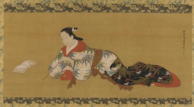 横になって楽譜を読む遊女、江戸時代、1615～1868年。 作： Unbekannt