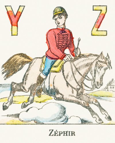 Z：Zephir、Zephyrという名前の彼の馬を疾走するライダー-Games Alphabet、c.1890（彫刻） 作： Unbekannt