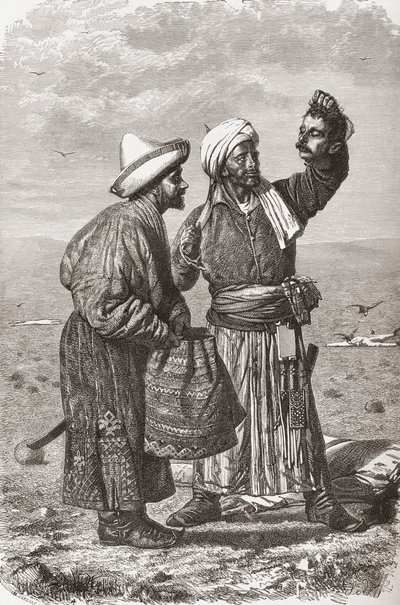 ゴーシャードとチャールズバルバント（d.1922）によって彫刻された、「手の中の世界」からのイラスト、1878年に出版された彼の敵の頭を抱えたアフガニスタンの兵士、1878年発行 作： Unbekannt Unbekannt