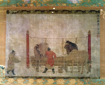 吊り下げ、新郎が馬に餌をやる、シルクにインクと水彩を描いたもの、ジェンジェンファー、中国、14世紀 作： Unbekannt Unbekannt