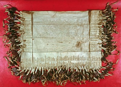 ボーデン評議会によるジョンハスの扱い（1369〜1415年）、1415〜16年（羊皮紙にインク）に反対するボヘミアの貴族による中世の抗議文 作： Unbekannt Unbekannt