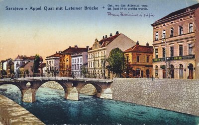 1914年6月28日、フランツフェルディナンド大公とその妻ソフィーが暗殺された場所であるサラエボ、アペルキー、レイティナーブリッジを描いた絵葉書。 1920年 作： Unbekannt Unbekannt