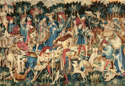 デボンシャーの狩猟タペストリー、イノシシとクマの狩猟、おそらくアラス、1425-50 作： Unbekannt Unbekannt