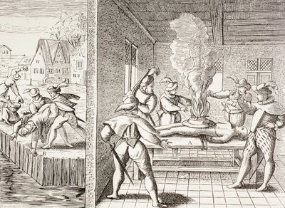 16世紀、グー族によるカトリック教徒への暴力を描いたプロパガンダ（1880年頃ロンドンで出版されたポール・ラクロワ著「Military and Religious Life in the Middle Ages」より 作： Unbekannt