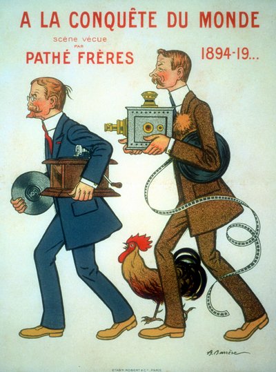 Adrien Barrereによる1898年のポスター。Charles Pathe (1863-1957) と Emile Pathe (1860-1937) の兄弟は、フランスのエンジニアであり、映画製作者であり、ここではコック（彼らのシンボル）、プロジェクター、蓄音機を持っている。 作： Unbekannt