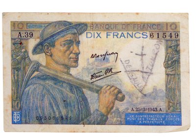 1942 年の 10 フラン紙幣 作： Unbekannter Künstler