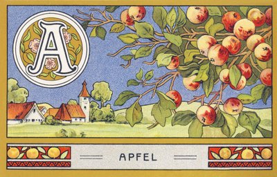 A: アップル - アルファベット パルミネ。 H. Schlinck & Cie 編の一連の chromolithography、Hamburg、p. d. . パルミンの最高級ココナッツ脂肪の広告。 寸法：7×11cm 作： Unbekannter Künstler