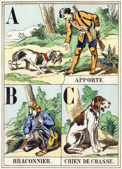 A B C: Bring, Poacher, Hunting Dog - The Hunting Alphabet, c.1890 (carving) 作： Unbekannt