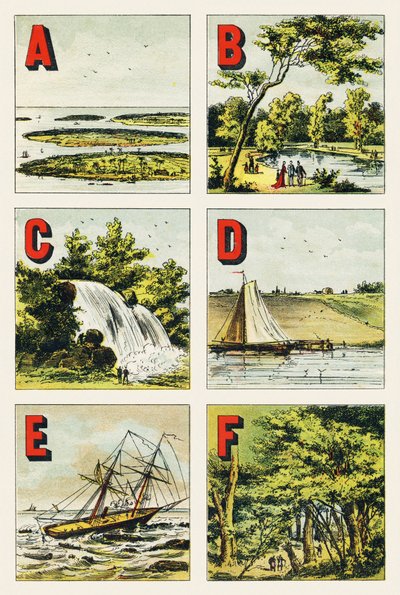 A B C D E F : 群島、ブローニュの森、滝、堤防、フォンテーヌブローの森 - Alphabet geographiqueから抜粋したエングレーヴィング。Guerin-Muller et Cie, editeurs, Paris. 作： Unbekannt