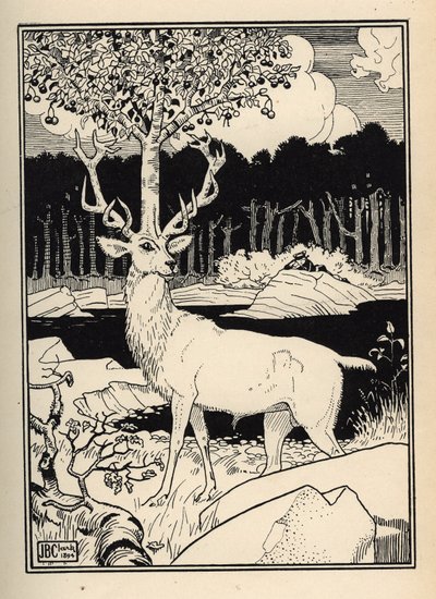 ミュンヒハウゼン男爵のさくらんぼの槍の石に触れた鹿の頭の上にあるさくらんぼの木 Rudolf Erich Raspe (1736-)の「ミュンヒハウゼン男爵の冒険」から、William Strang (1859-1921)とJB Clarkがイラストを描いています。 作： Unbekannt