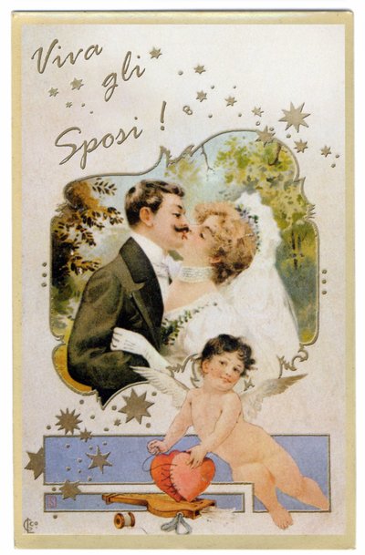 キスする新婚カップル。「結婚万歳」。1901年頃の絵葉書。 作： Unbekannter Künstler