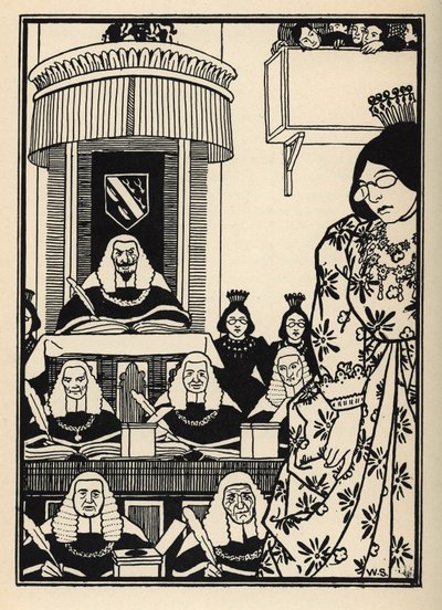 女性の多い宮廷は、男爵にとっては冒険の中でも皮肉に値するもののようだ。Rudolf Erich Raspe（1736-1794）の『ミュンヒハウゼン男爵の冒険』（1789年）からWilliam Strang（1859-1921）とJB Clarkが描いたもの。 作： Unbekannt
