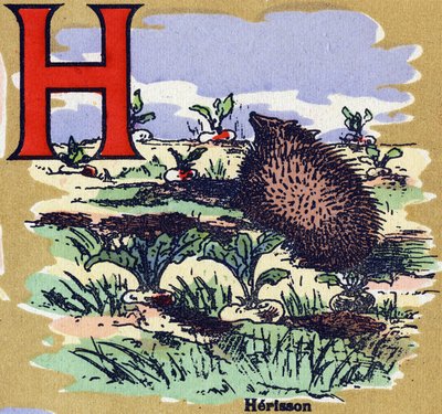 A herisson.イラスト入りのアルファベット。20世紀初頭、ジャーヴィル＝ナンシーで再会したイメージたち。寸法：40 x 29 cm。ビストル地にリトグラフ 作： Unbekannt