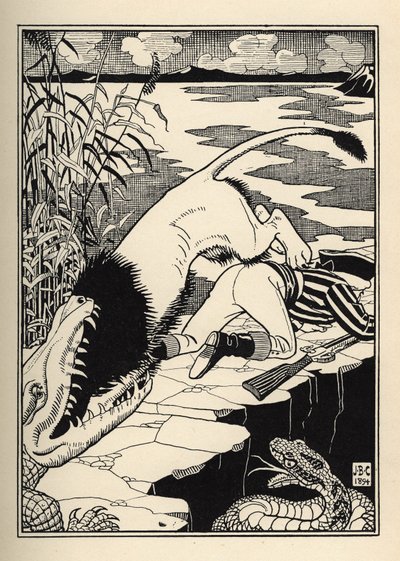ミュンヒハウゼン男爵を襲おうとしたライオンの行き着く先は、ワニだった。Rudolf Erich Raspe（1736-1794）の「ミュンヒハウゼン男爵（ミュンヒハウゼン）の冒険」（1789年）からWilliam Strang（1859-1921）とJB Clarkが描いたイラスト 作： Unbekannt