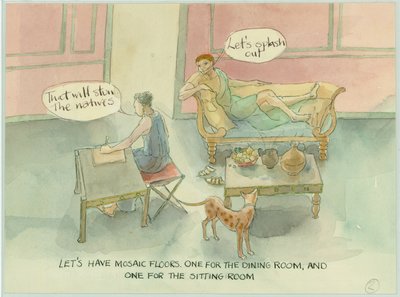 Uma ilustração de reconstrução mostrando dois personagens em sua villa recém-construída e considerando a adição de um piso de mosaico, no livro Marcus and Julia