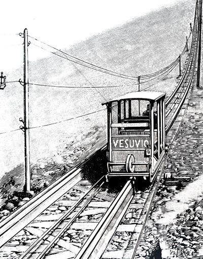 ヴェスヴィオ山のケーブルカーに乗っている車の側面図。 作： Unbekannt