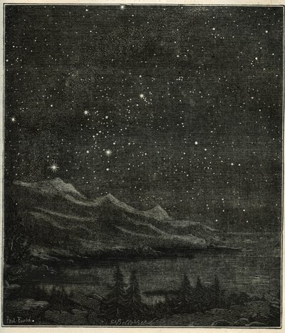 空を観察するのにぴったりの星空。 カミーユ・フラマリオンの「空の星とその他の好奇心」からの彫刻 作： Unbekannter Künstler
