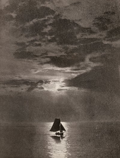 月明かりに照らされた海とヨット 作： Unbekannter Künstler