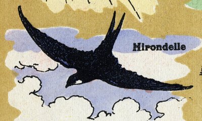 ツバメ。イラスト入りのアルファベット。20世紀初頭、ジャーヴィル＝ナンシーで再会したイマジナリー。寸法：40 x 29 cm。ビストル地にリトグラフ 作： Unbekannt
